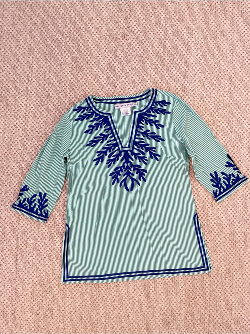 Gretchen Scott Green Stripe Blue Embroidered Tunic Top Small 100% Cotton